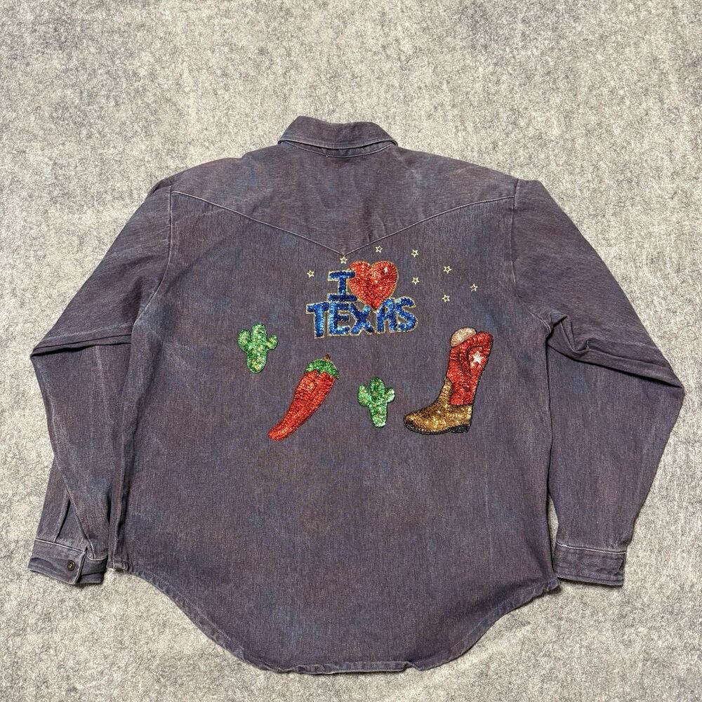 Vintage 80s Panhandle Slim Denim Western Shirt Womens XL I Heart Texas USA Made